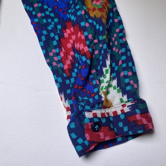 Maeve Anthropologie Topoxte Geometric Ikat Button Front Blouse Shirt Size 0 Blue - Picture 9 of 13